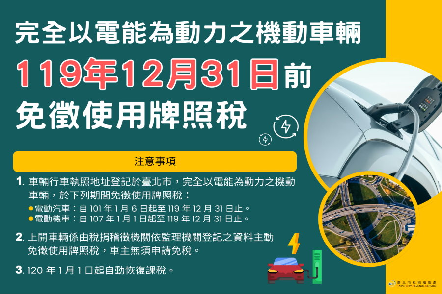 臺北市電動汽機車免徵使用牌照稅至119年12月31日