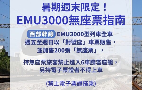 台鐵8月周五至周日 西部EMU3000型採全車對號座售票